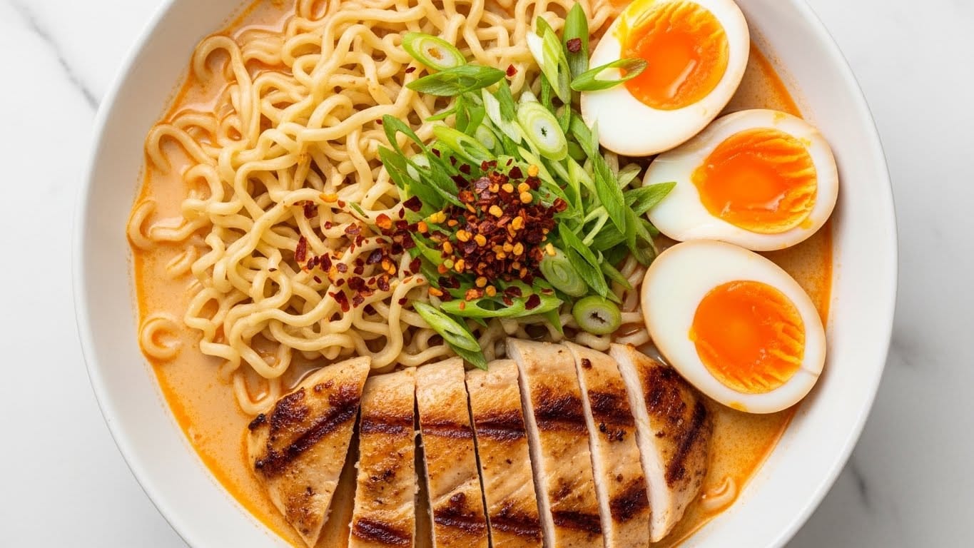 A black bowl filled with creamy light orange broth with a layer of thin cooked noodles submerged inside. On the right side, there are several slices of grilled chicken with charred marks, showing light brown and white on the inside. In the center top, there is a pile of chopped fresh green onions with a small nest of thin red chili threads placed on top. The broth surface has small pools of bright orange chili oil and bits of cooked herbs floating around. The bowl is set on a white marbled texture. photo taken with an iphone --ar 4:5 --v 7