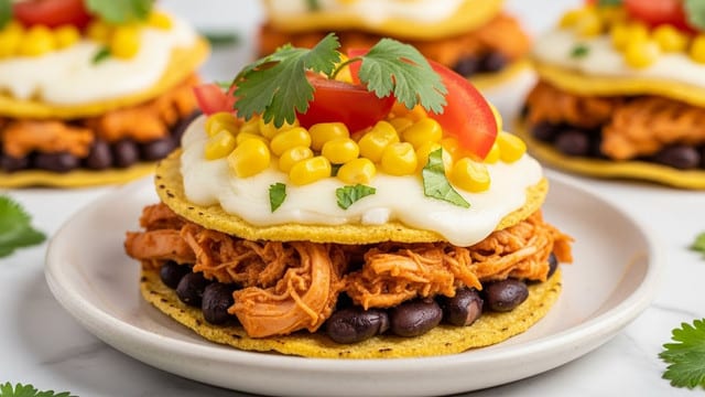 A close-up of small tortillas stacked with layers, starting with a golden, crispy tortilla base, topped with shredded, orange-brown cooked chicken mixed with black beans. Above this is a melted layer of white cheese covering the ingredients, followed by bright yellow corn kernels scattered on top. Fresh red tomato pieces and green cilantro leaves are added as the top layer, giving a fresh pop of color. The tostada is set on a simple beige plate that sits on a white marbled surface with some cilantro leaves scattered around. In the background, more tostadas are slightly out of focus. photo taken with an iphone --ar 4:5 --v 7