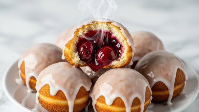 The image shows a close-up of golden brown fried donut holes with a shiny white icing drizzle on top. One donut hole in the front is bitten open, revealing a dark red jam filling inside. The outer donut texture looks crispy and soft at the same time, with the icing slightly dripping down. The donut holes are placed close together on a black tray, and the background has a soft white marbled texture with a light cloth visible in the corner. photo taken with an iphone --ar 4:5 --v 7