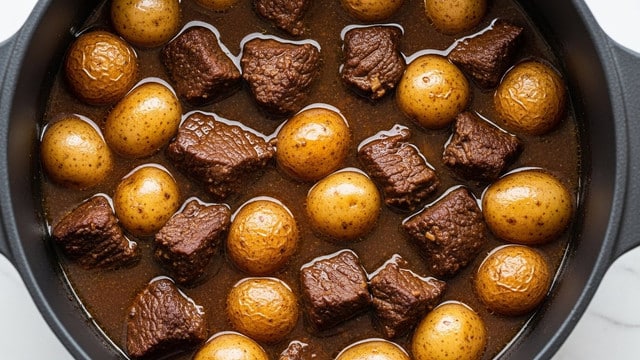 The image shows a close-up of a slow-cooked beef stew with baby potatoes. The dish has two main layers: the bottom layer is a thin, glossy dark brown broth with oil reflecting light, and the top layer consists of chunks of dark brown, tender beef with a slightly rough texture mixed with smooth, golden-brown baby potatoes that have small spots and a shiny surface. The beef pieces and potatoes are evenly spread and partially submerged in the broth, all inside a black pot. The photo is taken on a white marbled surface. photo taken with an iphone --ar 4:5 --v 7