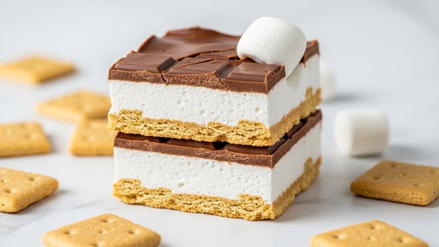 The image shows two broken squares of a s'mores treat stacked slightly unevenly on a white marbled surface. Each square has three clear layers: a top smooth layer of milk chocolate with a few cracks, a middle thick fluffy white marshmallow layer, and a bottom lightly crumbly golden graham cracker layer with small marshmallow bits visible around the edges. One marshmallow is partially stuck on the top chocolate layer of the top square. Around the squares are scattered small square golden graham crackers, matching the bottom layer of the treat. photo taken with an iphone --ar 4:5 --v 7
