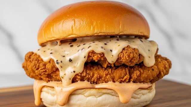 A close-up of a sandwich with a golden, soft top bun that has a shiny texture. Inside, there is a thick, crispy fried chicken layer coated with a creamy, melted cheese sauce in light orange and off-white colors, flecked with small black pepper bits. The chicken looks crunchy and juicy under the flowing cheese, which drips slightly out of the sandwich. The bottom bun is soft and white. The sandwich sits on a wooden board with a white marbled surface background. photo taken with an iphone --ar 4:5 --v 7
