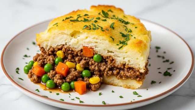 A close-up of a slice of shepherd’s pie on a white plate with a thin brown edge, placed on a white marbled surface. The dish has two main layers: at the bottom, a thick mix of ground meat with brown sauce and colorful vegetables like green peas, yellow corn, and orange carrot cubes. The top layer is fluffy mashed potatoes with a golden-brown crust, sprinkled with small green herb bits. Some sauce and vegetables slightly spill out onto the plate, surrounded by finely chopped green herbs. Photo taken with an iphone --ar 4:5 --v 7