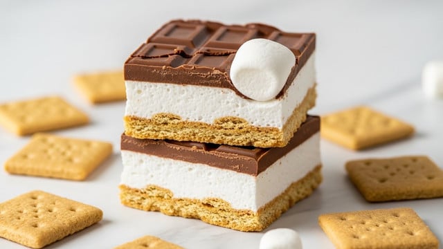 The image shows two pieces of a layered treat resting on a wooden surface with small square crackers scattered around. Each treat has three visible layers: the bottom and middle layers are light tan with a crunchy texture made from crackers, and the middle layer is thick white and fluffy marshmallow filling. The top layer is a smooth, glossy dark brown chocolate coating that is slightly cracked and folded. A few small marshmallows peek out from the middle layer, adding a soft contrast to the crunchy cracker and firm chocolate. photo taken with an iphone --ar 4:5 --v 7