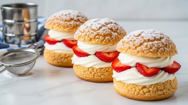 The image shows three cream puffs lined up on a white marbled surface. Each cream puff has a light golden brown puff pastry base and top, dusted lightly with powdered sugar. The middle layer is bright red strawberry slices topped with a thick, fluffy white cream filling, which looks soft and smooth. The top pastry is slightly dome-shaped and sits on the cream, creating three distinct layers: golden brown pastry, red strawberries, and white cream. In front of the cream puffs, there is a metal sifter and a folded blue and white cloth. Photo taken with an iphone --ar 4:5 --v 7