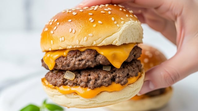 A close-up of a small sandwich held by a woman's hand, featuring a shiny, golden-brown sesame seed bun on top with a soft, fluffy inside texture. The sandwich is filled with two layers of moist, cooked ground beef mixed with small bits of onions, and melted orange cheddar cheese oozing slightly between the meat layers and dribbling out the sides. The background shows a blurred white marbled surface with a small green herb at the bottom. Photo taken with an iphone --ar 4:5 --v 7