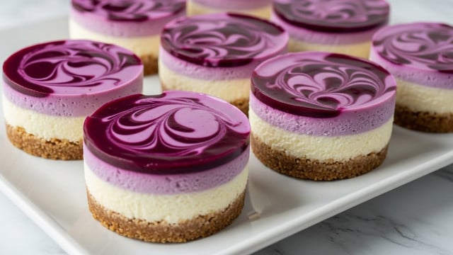 The image shows six small round cheesecakes on a white rectangular plate set against a white marbled surface. Each cheesecake has three layers: the bottom is a light brown crumbly crust, the middle is a smooth creamy white layer, and the top features a glossy, dark purple swirl that blends into the white layer, creating a marbled effect. The cheesecakes are arranged closely together, showing texture in both the crust and the creamy topping with the purple swirl pattern distinct on each one. Photo taken with an iphone --ar 4:5 --v 7