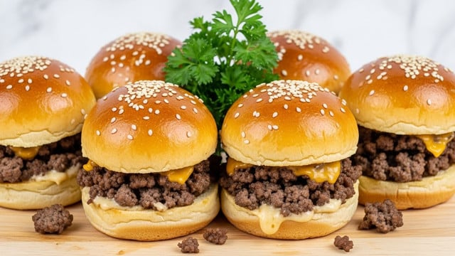 The image shows six small sandwich sliders placed closely on a light wooden board with a white marbled background. Each slider has a shiny golden brown top bun sprinkled with white sesame seeds. The buns are soft and slightly toasted. Inside, there is a thick layer of cooked ground beef with some melted cheese mixed in, spilling out slightly from the sides. A small bunch of green parsley leaves is placed in the center behind the sliders, adding a fresh touch. Some bits of meat have fallen on the wooden board around the sliders, making the scene look natural and inviting. Photo taken with an iphone --ar 4:5 --v 7
