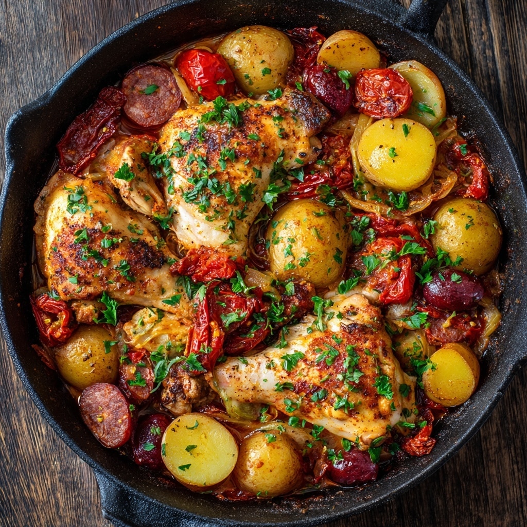 One Pan Spanish Chicken with Chorizo, Tomato, and Potatoes Recipe