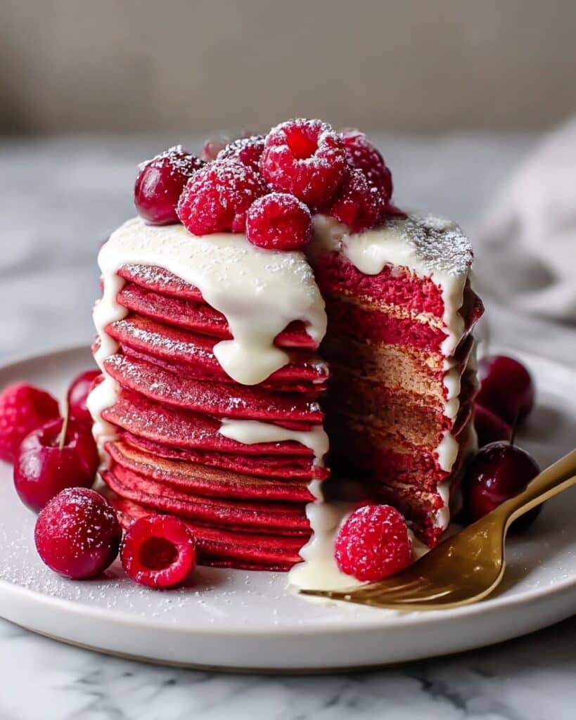 Fluffy Red Velvet Pancakes with Cream Cheese Glaze for a Romantic Valentine’s Brunch Recipe