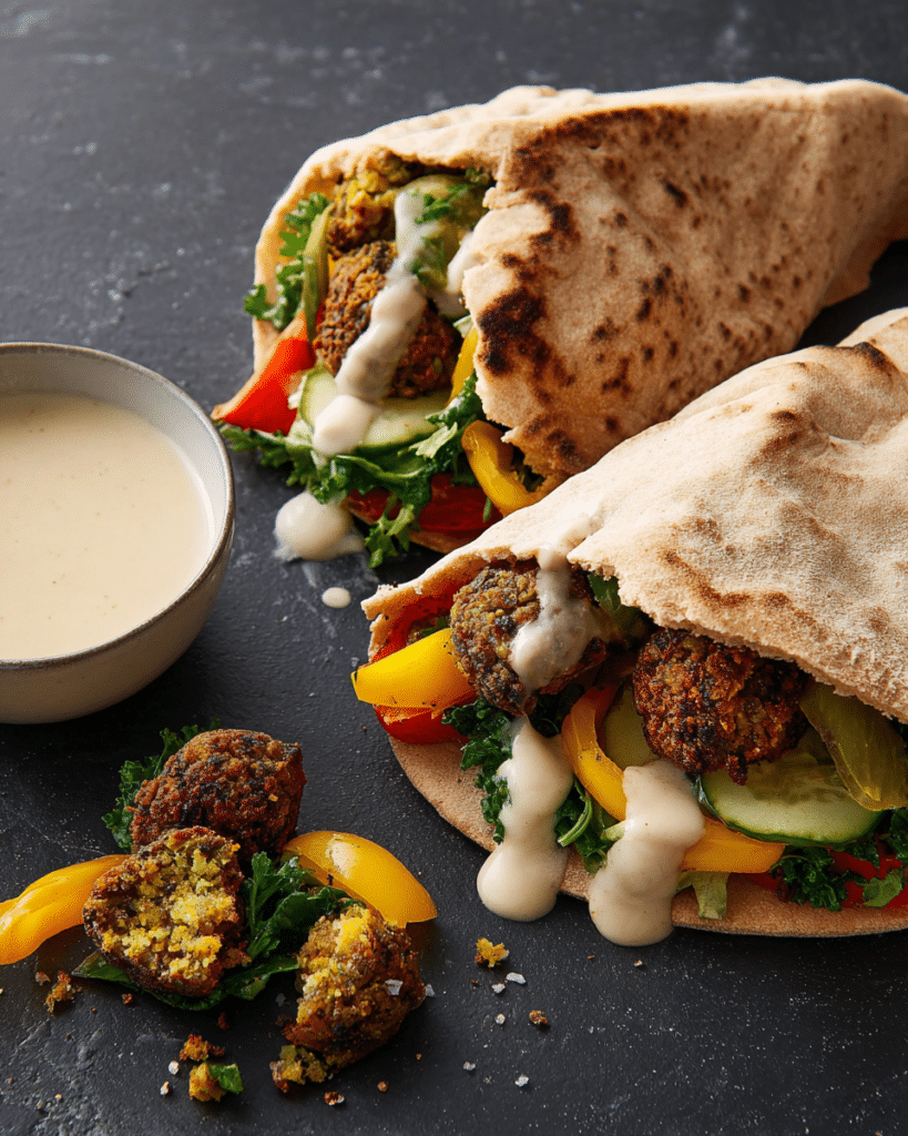 Baked Falafel Sandwiches with Roasted Vegetables and Tahini Sauce Recipe