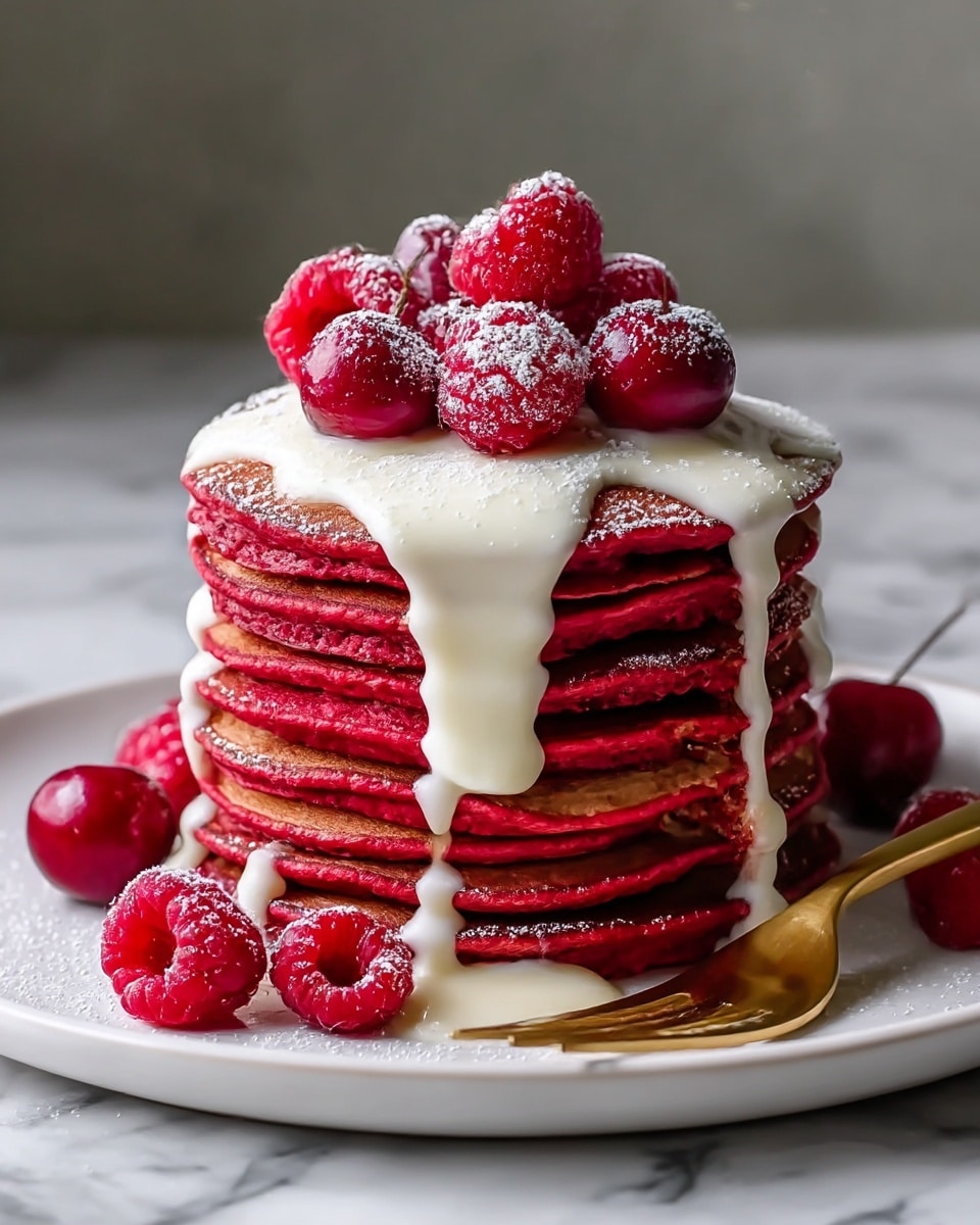 Fluffy Red Velvet Pancakes with Cream Cheese Glaze for a Romantic Valentine’s Brunch Recipe - Recipe Image